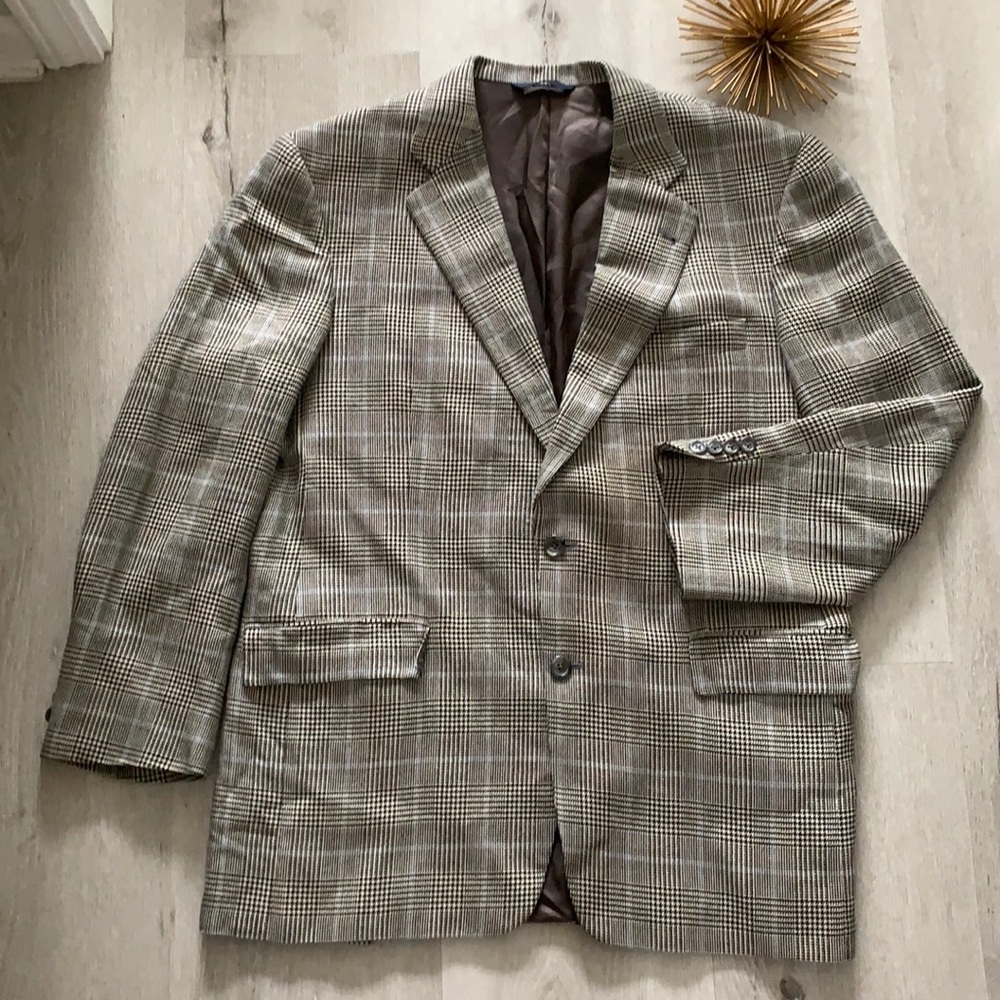 Burberry London Tan Check Teal Windowpane plaid Blazer 42R silk wool two buttons